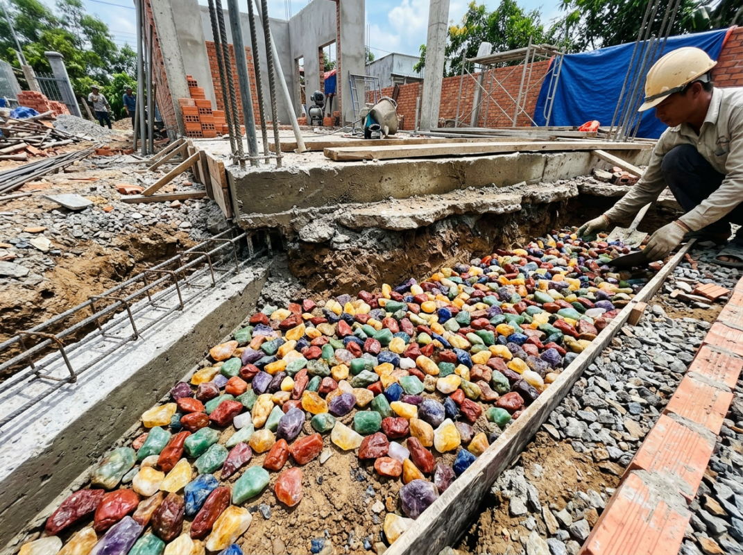 Worker placing colorful stones in foundation trench of construction site
